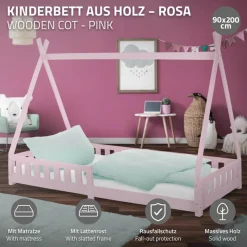 Kinderbett Tipi 90x200 cm Rosa aus Kiefernholz inkl. Matratze H-10cm Rausfallschutz und Lattenrost ML-Design-ECD Germany Hot