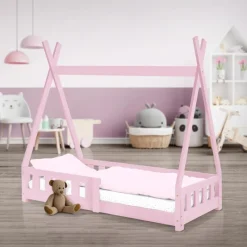 Kinderbett Tipi 70x140 cm Rosa aus Kiefernholz mit Rausfallschutz und Lattenrost Holzbett ML-Design-ECD Germany Outlet