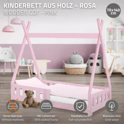 Kinderbett Tipi 70x140 cm Rosa aus Kiefernholz mit Rausfallschutz und Lattenrost Holzbett ML-Design-ECD Germany Outlet