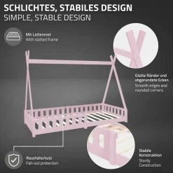 Kinderbett Tipi 90x200 cm Rosa aus Kiefernholz inkl. Matratze H-16cm Rausfallschutz und Lattenrost ML-Design-ECD Germany Outlet