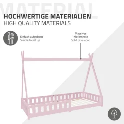 Kinderbett Tipi 90x200 cm Rosa aus Kiefernholz inkl. Matratze H-16cm Rausfallschutz und Lattenrost ML-Design-ECD Germany Outlet