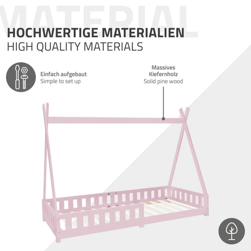 Kinderbett Tipi 90x200 cm Rosa aus Kiefernholz inkl. Matratze H-16cm Rausfallschutz und Lattenrost ML-Design-ECD Germany Outlet