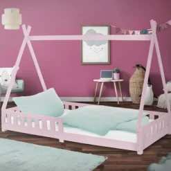 Kinderbett Tipi 90x200 cm Rosa aus Kiefernholz mit Rausfallschutz und Lattenrost Holzbett ML-Design-ECD Germany Clearance