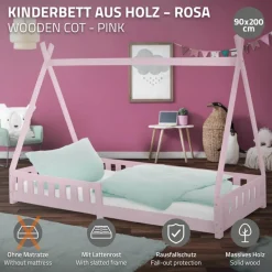 Kinderbett Tipi 90x200 cm Rosa aus Kiefernholz mit Rausfallschutz und Lattenrost Holzbett ML-Design-ECD Germany Clearance