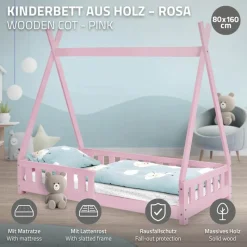 Kinderbett Tipi 80x160 cm Rosa aus Kiefernholz inkl. Matratze H-10cm Rausfallschutz und Lattenrost ML-Design-ECD Germany Clearance