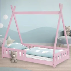 Kinderbett Tipi 80x160 cm Rosa aus Kiefernholz mit Rausfallschutz und Lattenrost Holzbett ML-Design-ECD Germany Outlet