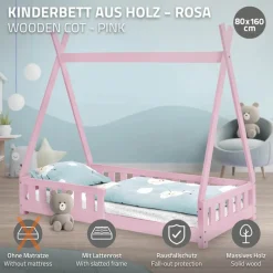 Kinderbett Tipi 80x160 cm Rosa aus Kiefernholz mit Rausfallschutz und Lattenrost Holzbett ML-Design-ECD Germany Outlet