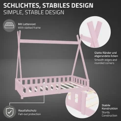 Kinderbett Tipi 80x160 cm Rosa aus Kiefernholz mit Rausfallschutz und Lattenrost Holzbett ML-Design-ECD Germany Outlet