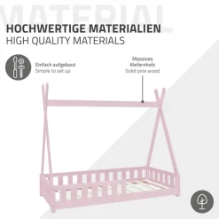 Kinderbett Tipi 80x160 cm Rosa aus Kiefernholz mit Rausfallschutz und Lattenrost Holzbett ML-Design-ECD Germany Outlet