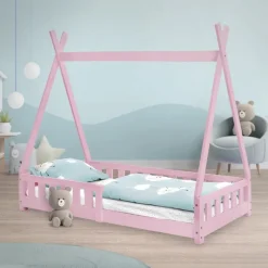 Kinderbett Tipi 80x160 cm Rosa aus Kiefernholz mit Rausfallschutz und Lattenrost Holzbett ML-Design-ECD Germany Outlet