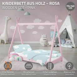 Kinderbett Tipi 70x140 cm Rosa aus Kiefernholz Holzbett mit Lattenrost ML-Design-ECD Germany Online