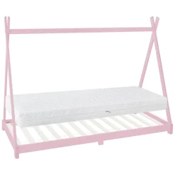 Kinderbett Tipi 90x200 cm Rosa aus Kiefernholz inkl. Matratze H-16cm Holzbett mit Lattenrost ML-Design-ECD Germany Outlet