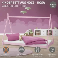 Kinderbett Tipi 90x200 cm Rosa aus Kiefernholz Holzbett mit Lattenrost ML-Design-ECD Germany
