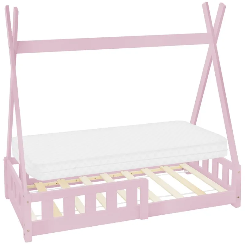 Kinderbett Tipi 70x140 cm Rosa aus Kiefernholz inkl. Matratze H-10cm Rausfallschutz und Lattenrost ML-Design-ECD Germany Discount