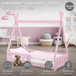 Kinderbett Tipi 70x140 cm Rosa aus Kiefernholz inkl. Matratze H-10cm Rausfallschutz und Lattenrost ML-Design-ECD Germany Discount