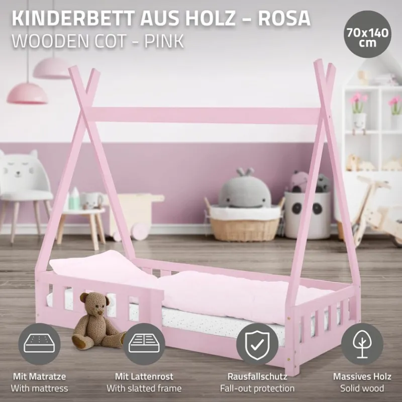 Kinderbett Tipi 70x140 cm Rosa aus Kiefernholz inkl. Matratze H-10cm Rausfallschutz und Lattenrost ML-Design-ECD Germany Discount