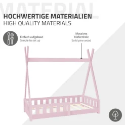 Kinderbett Tipi 70x140 cm Rosa aus Kiefernholz inkl. Matratze H-10cm Rausfallschutz und Lattenrost ML-Design-ECD Germany Discount