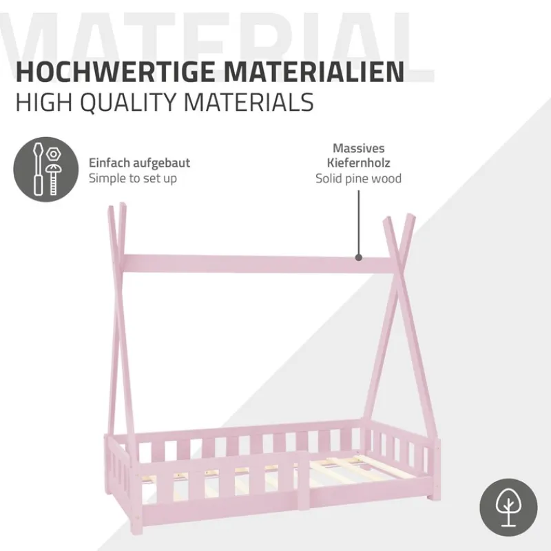 Kinderbett Tipi 70x140 cm Rosa aus Kiefernholz inkl. Matratze H-10cm Rausfallschutz und Lattenrost ML-Design-ECD Germany Discount