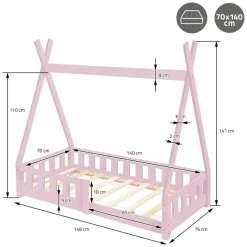 Kinderbett Tipi 70x140 cm Rosa aus Kiefernholz inkl. Matratze H-10cm Rausfallschutz und Lattenrost ML-Design-ECD Germany Discount