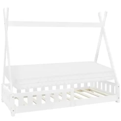 Kinderbett Tipi 80x160 cm Weiß aus Kiefernholz inkl. Matratze H-10cm Rausfallschutz und Lattenrost ML-Design-ECD Germany Online