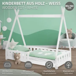 Kinderbett Tipi 80x160 cm Weiß aus Kiefernholz inkl. Matratze H-10cm Rausfallschutz und Lattenrost ML-Design-ECD Germany Online
