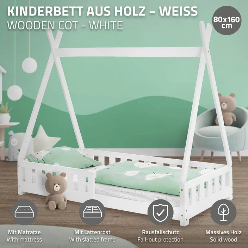 Kinderbett Tipi 80x160 cm Weiß aus Kiefernholz inkl. Matratze H-10cm Rausfallschutz und Lattenrost ML-Design-ECD Germany Online