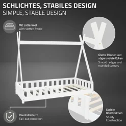 Kinderbett Tipi 80x160 cm Weiß aus Kiefernholz inkl. Matratze H-10cm Rausfallschutz und Lattenrost ML-Design-ECD Germany Online