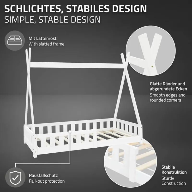 Kinderbett Tipi 80x160 cm Weiß aus Kiefernholz inkl. Matratze H-10cm Rausfallschutz und Lattenrost ML-Design-ECD Germany Online