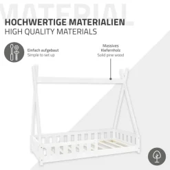 Kinderbett Tipi 80x160 cm Weiß aus Kiefernholz inkl. Matratze H-10cm Rausfallschutz und Lattenrost ML-Design-ECD Germany Online
