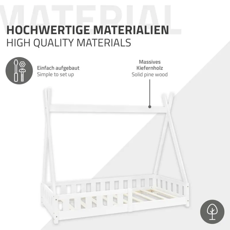 Kinderbett Tipi 80x160 cm Weiß aus Kiefernholz inkl. Matratze H-10cm Rausfallschutz und Lattenrost ML-Design-ECD Germany Online