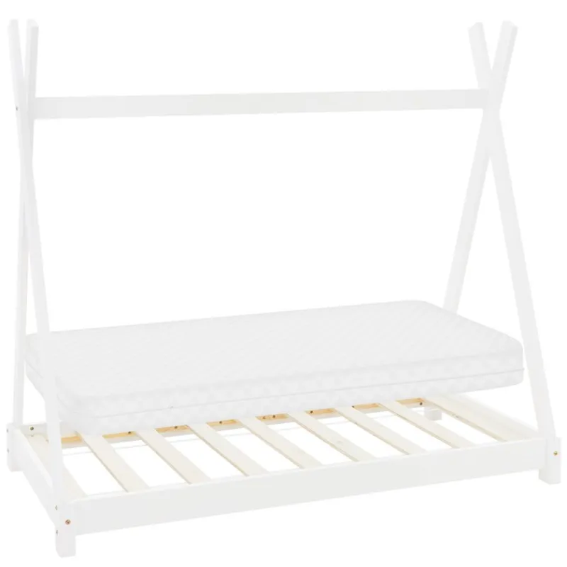 Kinderbett Tipi 70x140 cm Weiß aus Kiefernholz inkl. Matratze H-10cm Holzbett mit Lattenrost ML-Design-ECD Germany Sale