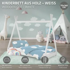Kinderbett Tipi 70x140 cm Weiß aus Kiefernholz inkl. Matratze H-10cm Holzbett mit Lattenrost ML-Design-ECD Germany Sale