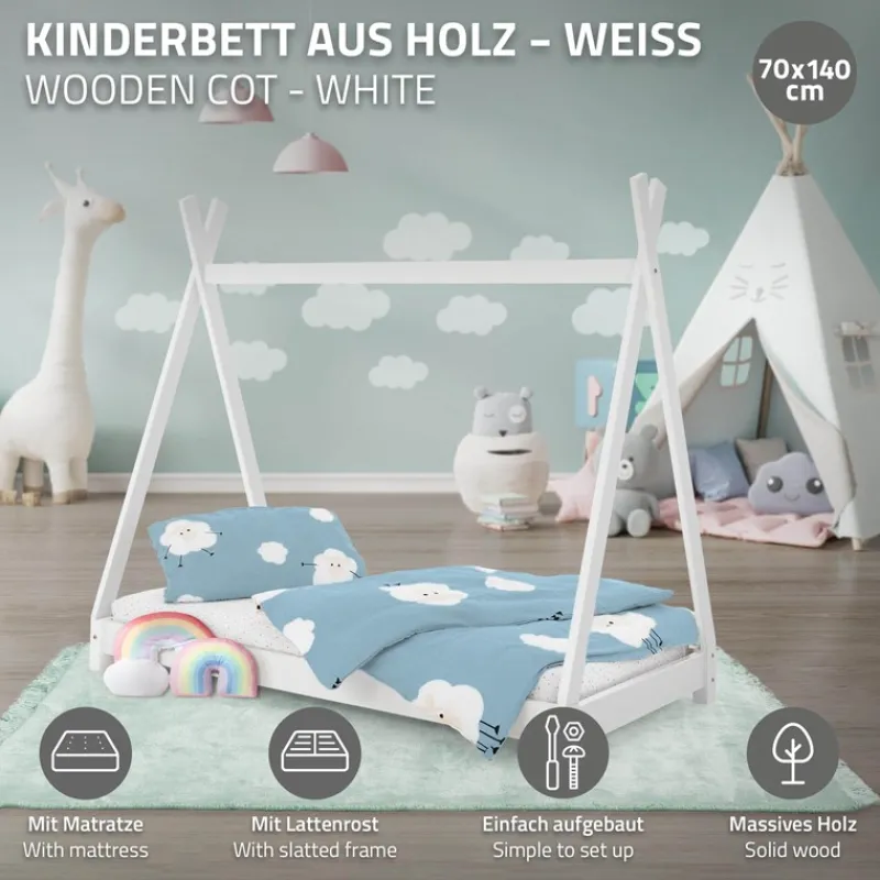 Kinderbett Tipi 70x140 cm Weiß aus Kiefernholz inkl. Matratze H-10cm Holzbett mit Lattenrost ML-Design-ECD Germany Sale