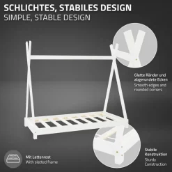 Kinderbett Tipi 70x140 cm Weiß aus Kiefernholz inkl. Matratze H-10cm Holzbett mit Lattenrost ML-Design-ECD Germany Sale