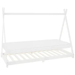 Kinderbett Tipi 90x200 cm Weiß aus Kiefernholz inkl. Matratze H-10cm Holzbett mit Lattenrost ML-Design-ECD Germany Hot