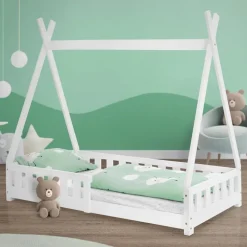 Kinderbett Tipi 80x160 cm Weiß aus Kiefernholz mit Rausfallschutz und Lattenrost Holzbett ML-Design-ECD Germany Discount