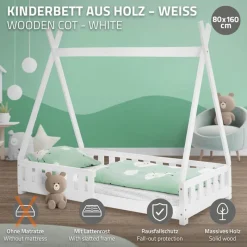 Kinderbett Tipi 80x160 cm Weiß aus Kiefernholz mit Rausfallschutz und Lattenrost Holzbett ML-Design-ECD Germany Discount