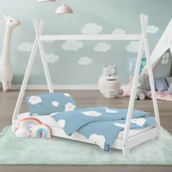 Kinderbett Tipi 70x140 cm Weiß aus Kiefernholz Holzbett mit Lattenrost ML-Design-ECD Germany