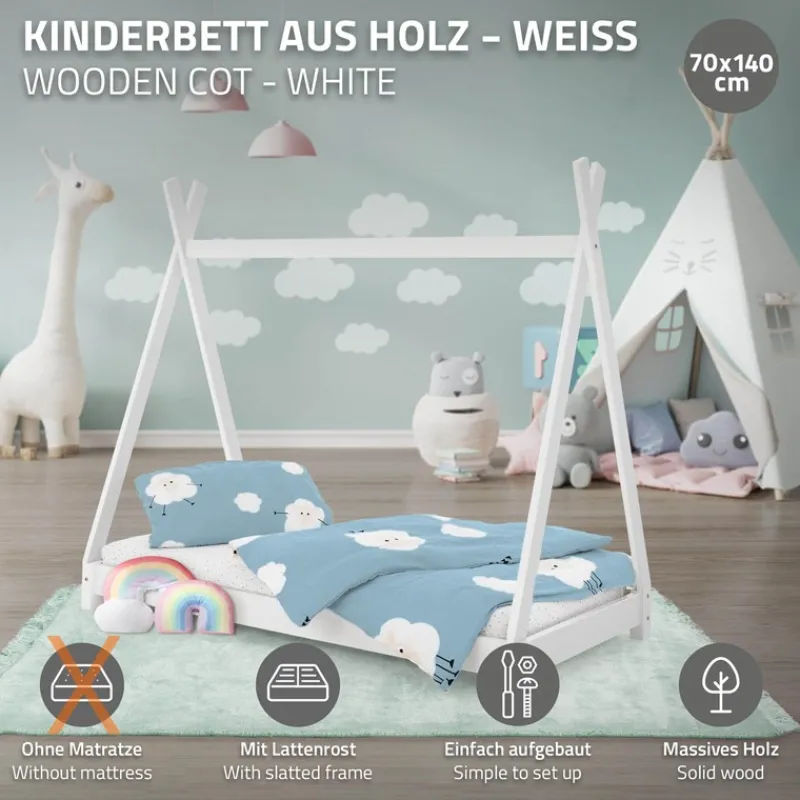 Kinderbett Tipi 70x140 cm Weiß aus Kiefernholz Holzbett mit Lattenrost ML-Design-ECD Germany