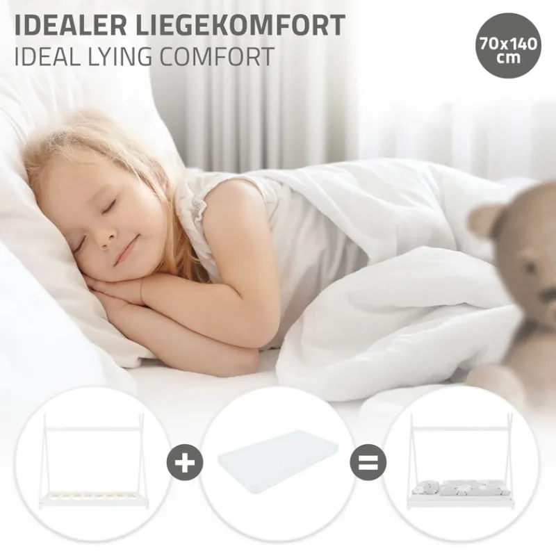 Kinderbett Tipi 70x140 cm Weiß aus Kiefernholz Holzbett mit Lattenrost ML-Design-ECD Germany