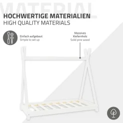 Kinderbett Tipi 70x140 cm Weiß aus Kiefernholz Holzbett mit Lattenrost ML-Design-ECD Germany