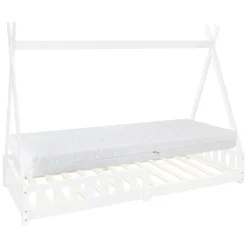 Kinderbett Tipi 90x200 cm Weiß aus Kiefernholz inkl. Matratze H-16cm Rausfallschutz und Lattenrost ML-Design-ECD Germany New