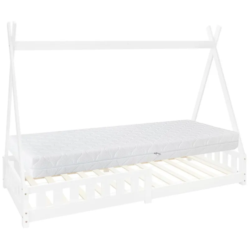 Kinderbett Tipi 90x200 cm Weiß aus Kiefernholz inkl. Matratze H-16cm Rausfallschutz und Lattenrost ML-Design-ECD Germany New