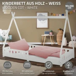 Kinderbett Tipi 90x200 cm Weiß aus Kiefernholz inkl. Matratze H-16cm Rausfallschutz und Lattenrost ML-Design-ECD Germany New