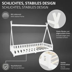 Kinderbett Tipi 90x200 cm Weiß aus Kiefernholz inkl. Matratze H-16cm Rausfallschutz und Lattenrost ML-Design-ECD Germany New