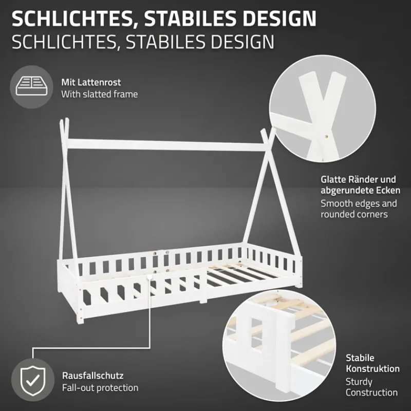Kinderbett Tipi 90x200 cm Weiß aus Kiefernholz inkl. Matratze H-16cm Rausfallschutz und Lattenrost ML-Design-ECD Germany New