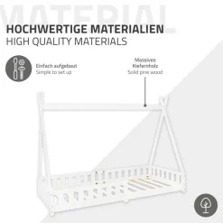 Kinderbett Tipi 90x200 cm Weiß aus Kiefernholz inkl. Matratze H-16cm Rausfallschutz und Lattenrost ML-Design-ECD Germany New