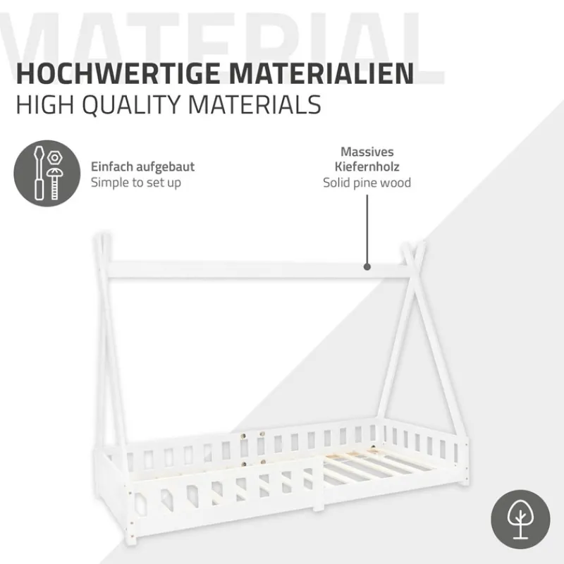 Kinderbett Tipi 90x200 cm Weiß aus Kiefernholz inkl. Matratze H-16cm Rausfallschutz und Lattenrost ML-Design-ECD Germany New
