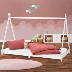 Kinderbett Tipi 90x200 cm Weiß aus Kiefernholz Holzbett mit Lattenrost ML-Design-ECD Germany New