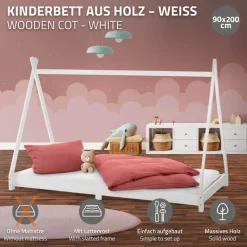 Kinderbett Tipi 90x200 cm Weiß aus Kiefernholz Holzbett mit Lattenrost ML-Design-ECD Germany New
